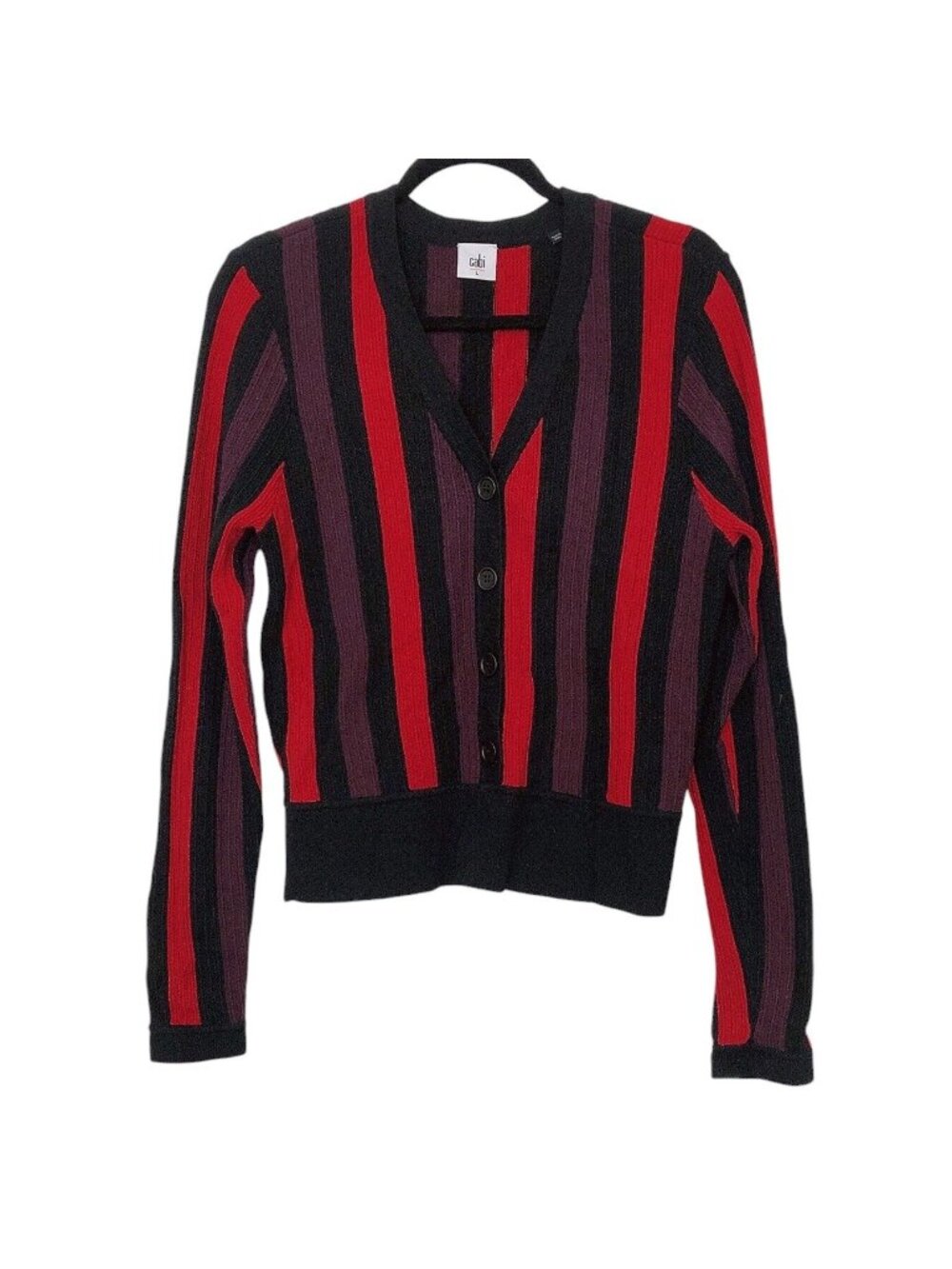 Cabi Black Red Purple Striped Ribbed Long Sleeve Sweater Top L
